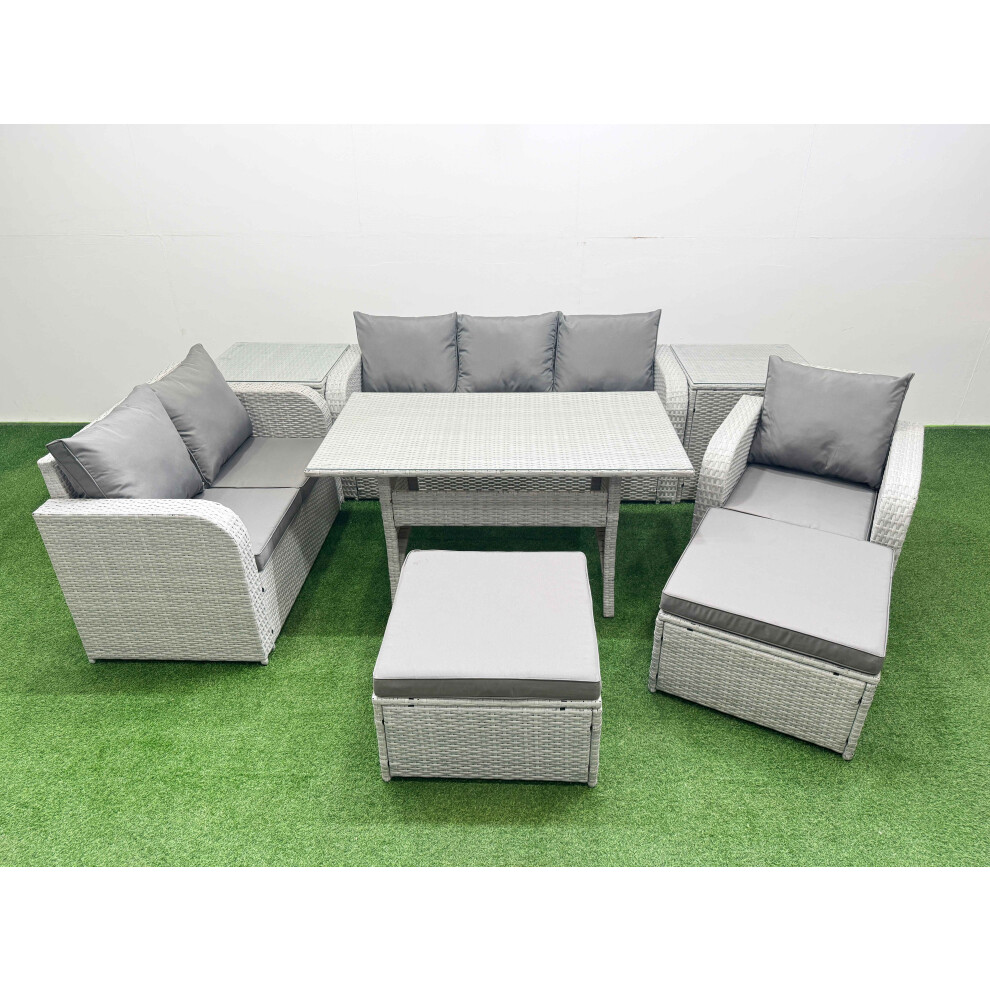 Fimous Patio PE Wicker 8 Seater Outdoor Rattan Furniture Sofa Sets with Reclining Chair Loveseat Sofa 3 Seater Sofa 2 Big Footstools 2 Side Table