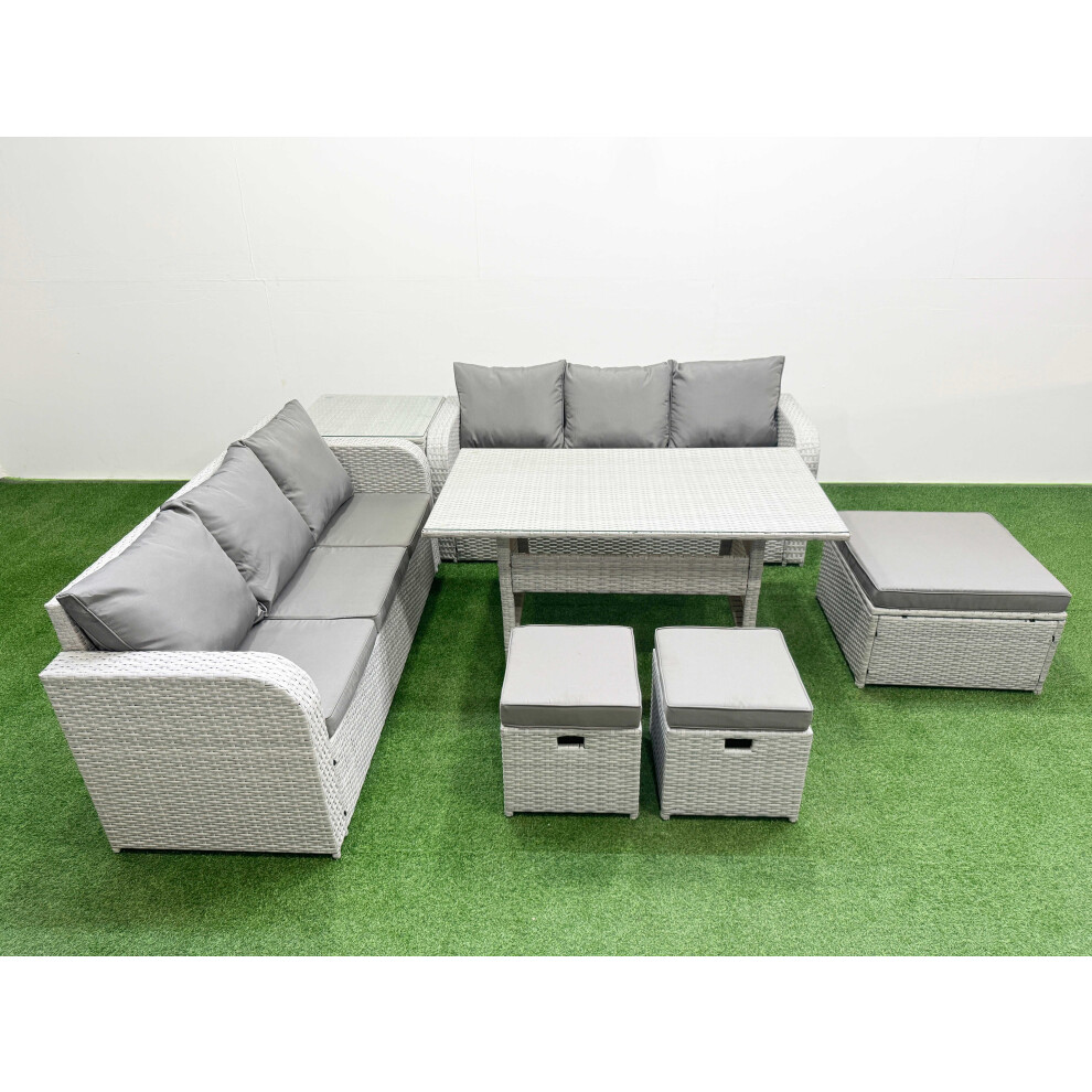 Fimous Outdoor Garden Furniture Sets 9 Seater Wicker Rattan Furniture Sofa Sets with 3 Stools Side Table Light Grey