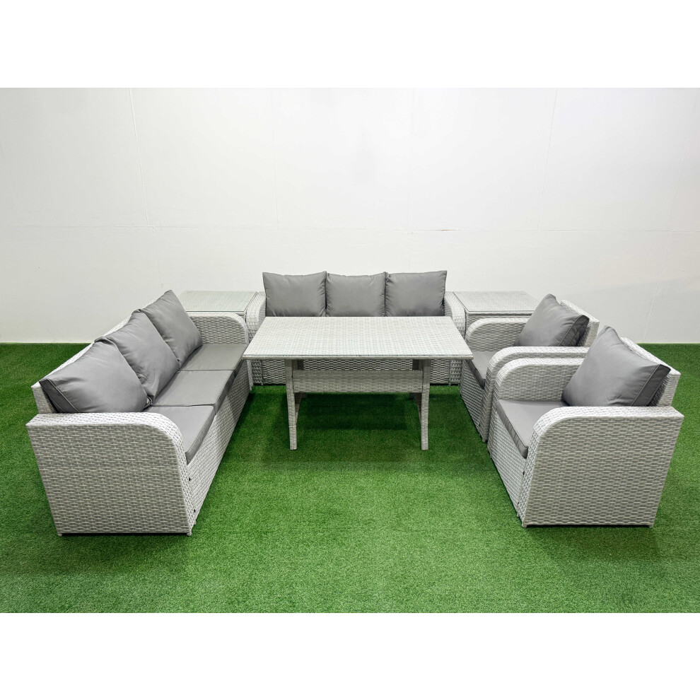 Fimous PE Rattan High Back Lounge Sofa Set Patio Rectangular Dining Table & Chairs Set with 3 Seater Sofa 2 Side Table Light Grey