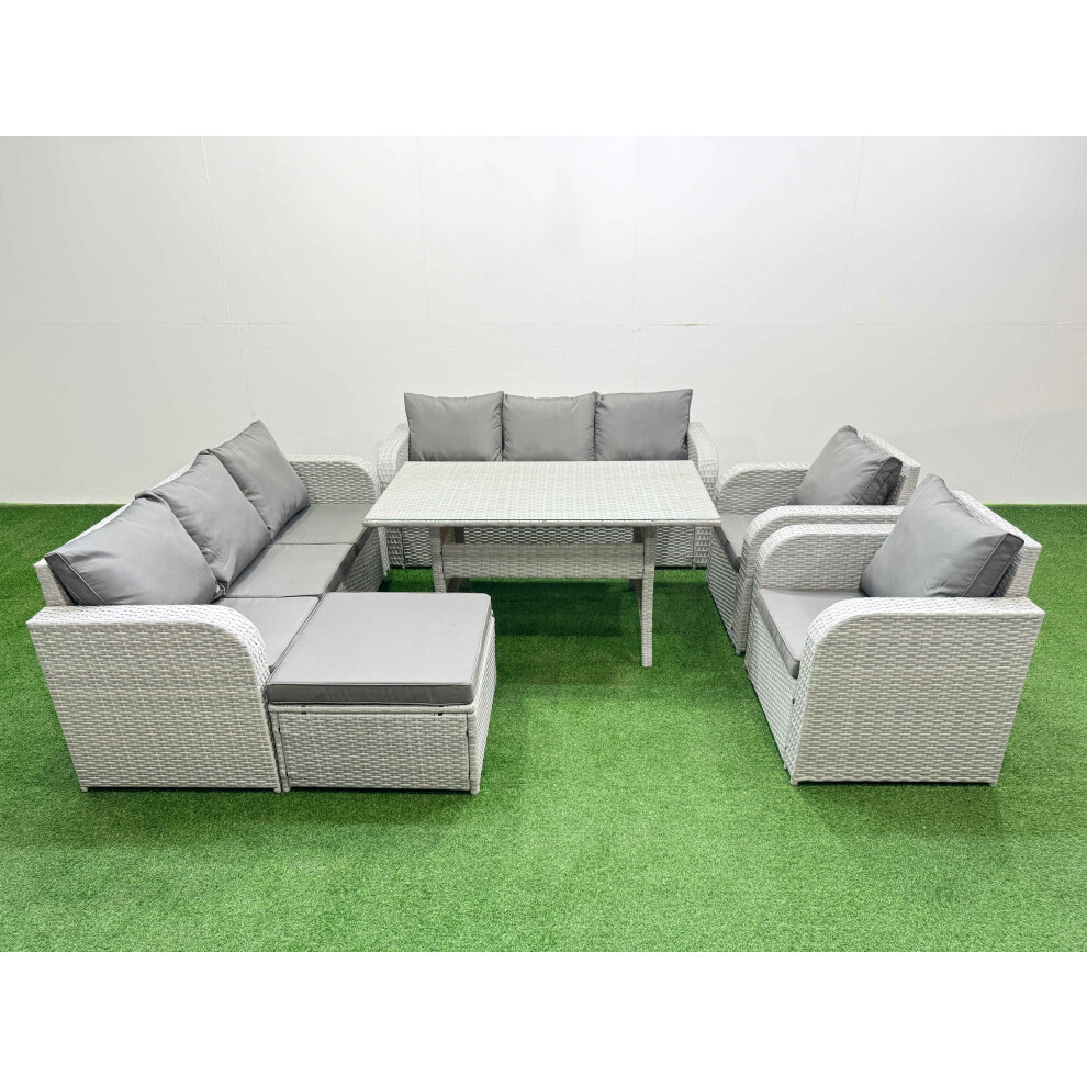 Fimous PE Rattan High Back Lounge Sofa Set Patio Rectangular Dining Table & Chairs Set with 3 Seater Sofa Big Footstool Light Grey