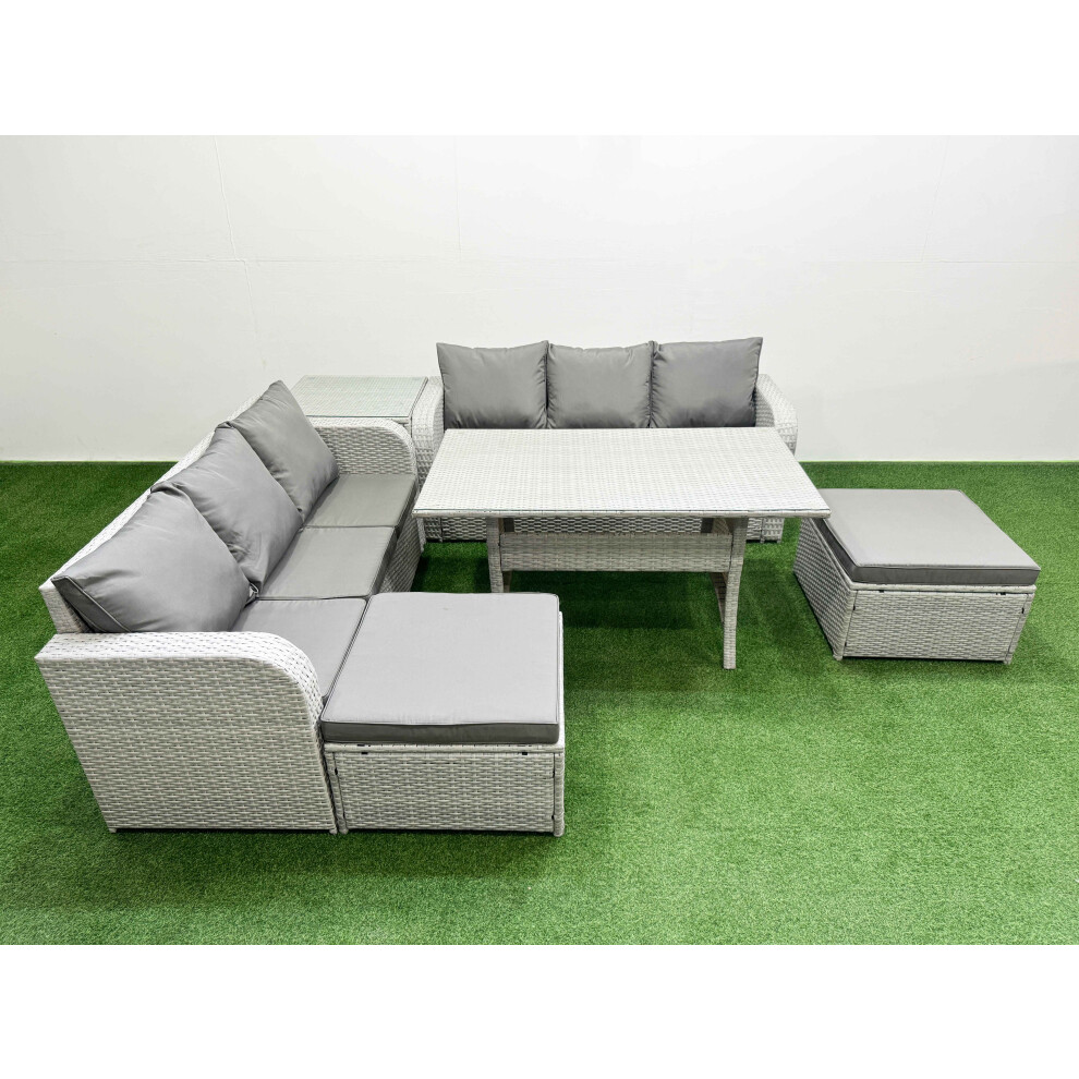Fimous Light/Grey 8 Seater Wicker Rattan Garden Furniture Patio Set, Dining Table, High Back Lounge Sofa, 2 Big Footstool, Side Table, - Image 2