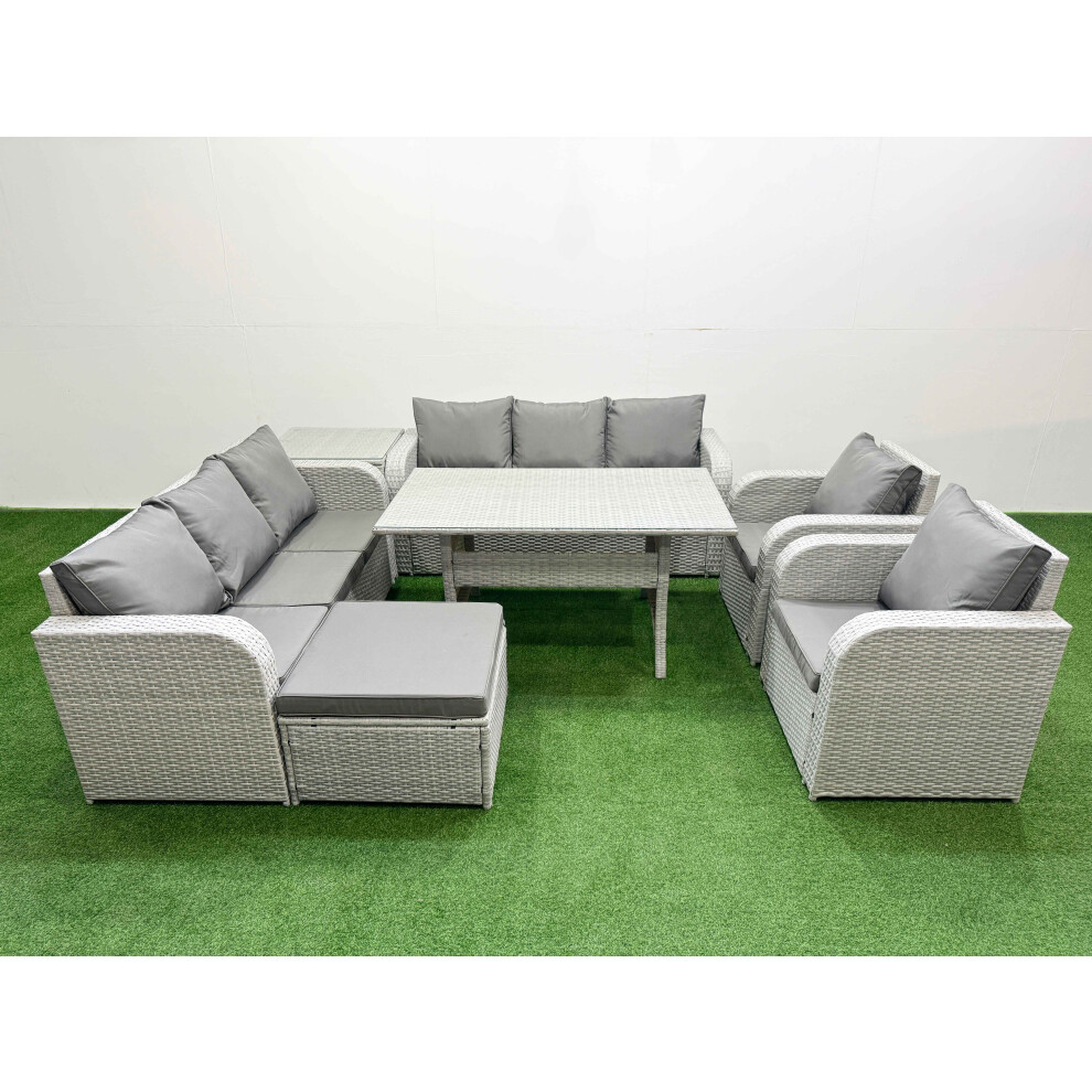 Fimous PE Rattan High Back Lounge Sofa Set Patio Rectangular Dining Table & Chairs Set with 3 Seater Sofa Big Footstool Side Table Light Grey