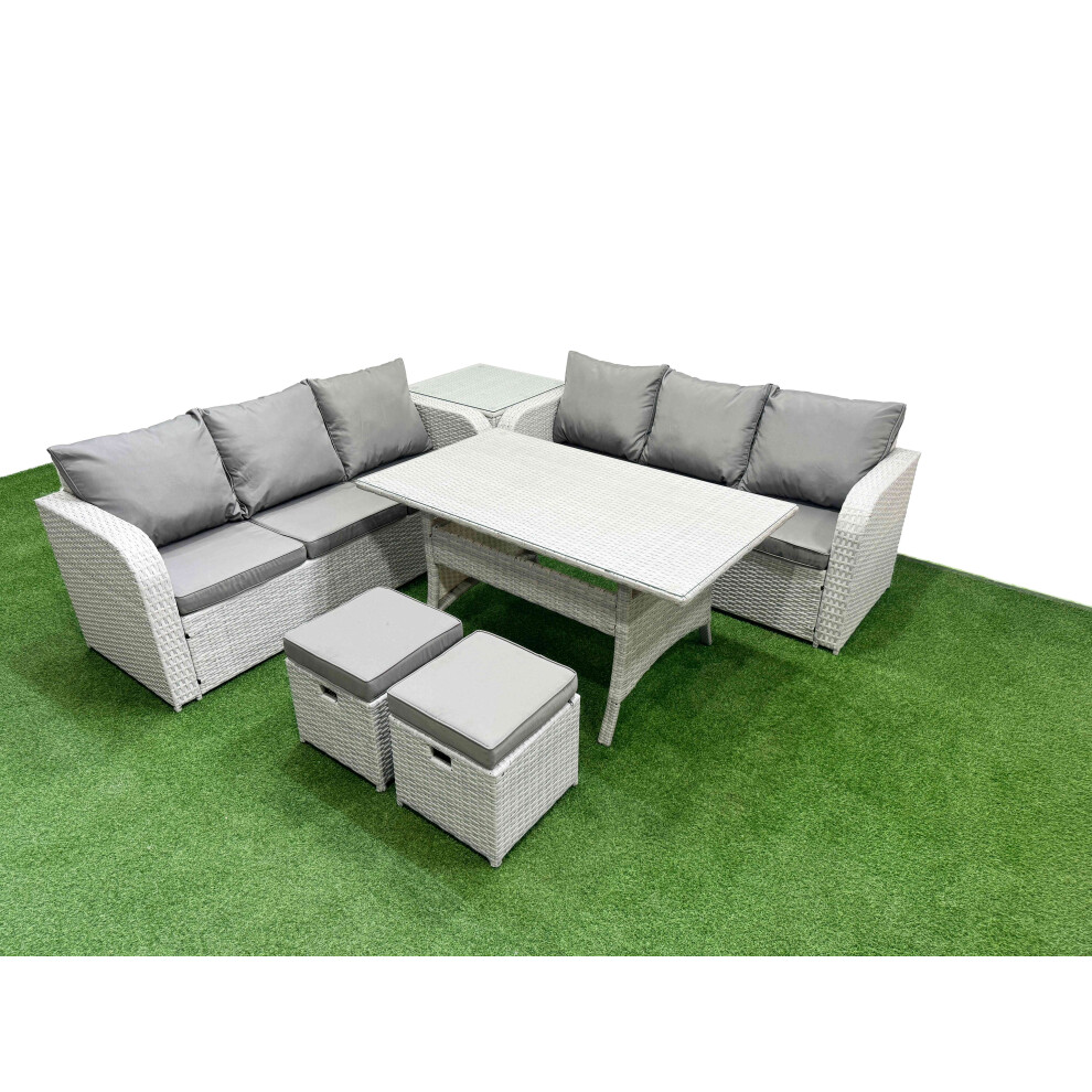 Rackhams Light/Grey 8 Seater Rattan Outdoor Sofa Set - Wicker With Rectangular Dining Table, High Back Lounge Sofa & Stools - Image 2