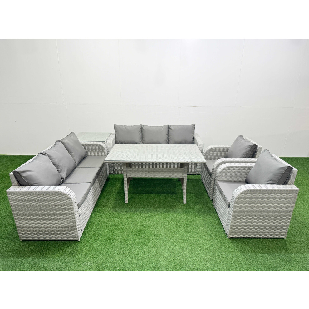 Fimous PE Rattan High Back Lounge Sofa Set Patio Rectangular Dining Table & Chairs Set with 3 Seater Sofa Side Table Light Grey