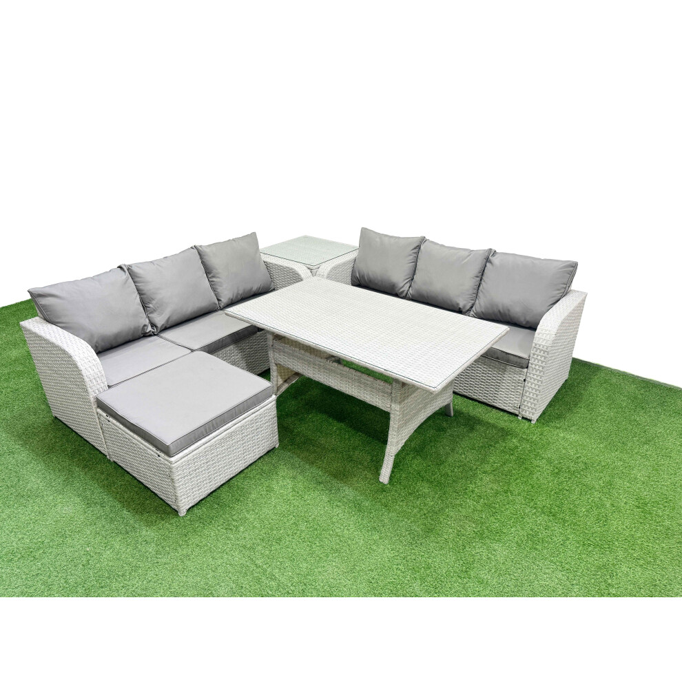 Fimous Outdoor Garden Furniture Sets 7 Seater Wicker Rattan Furniture Sofa Sets with Big Footstool Side Table Light Grey