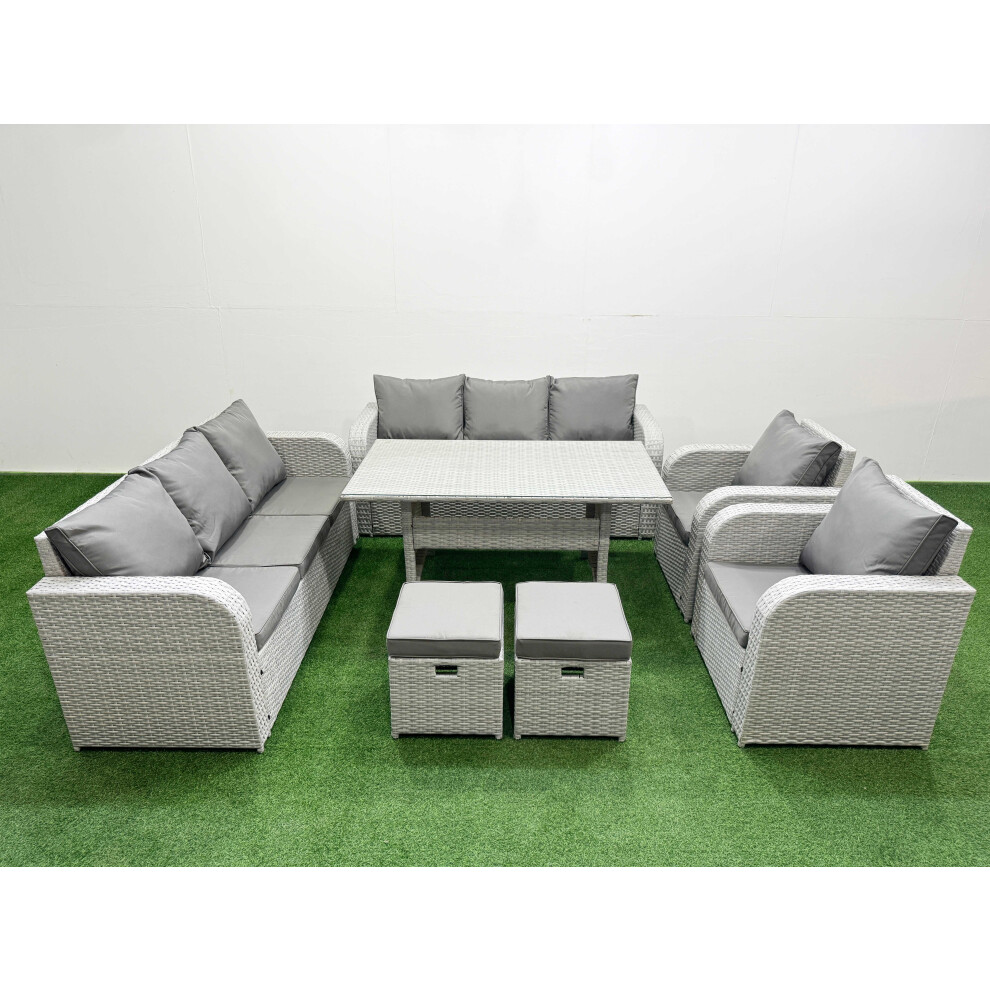 Fimous PE Rattan High Back Lounge Sofa Set Patio Rectangular Dining Table & Chairs Set with 3 Seater Sofa Stools Light Grey