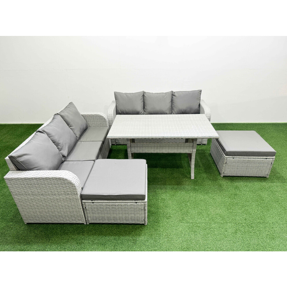 Fimous Light/Grey 8 Seater Rattan Outdoor Sofa Set - Wicker With Rectangular Dining Table, High Back Lounge Sofa & 2 Footstools - Image 2