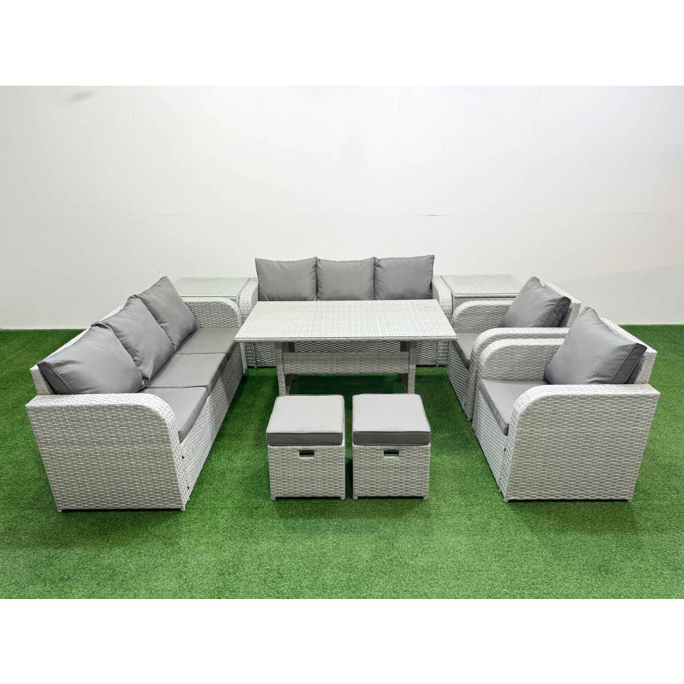 Fimous PE Rattan High Back Lounge Sofa Set Patio Rectangular Dining Table & Chairs Set with 3 Seater Sofa Stools 2 Side Table Light Grey