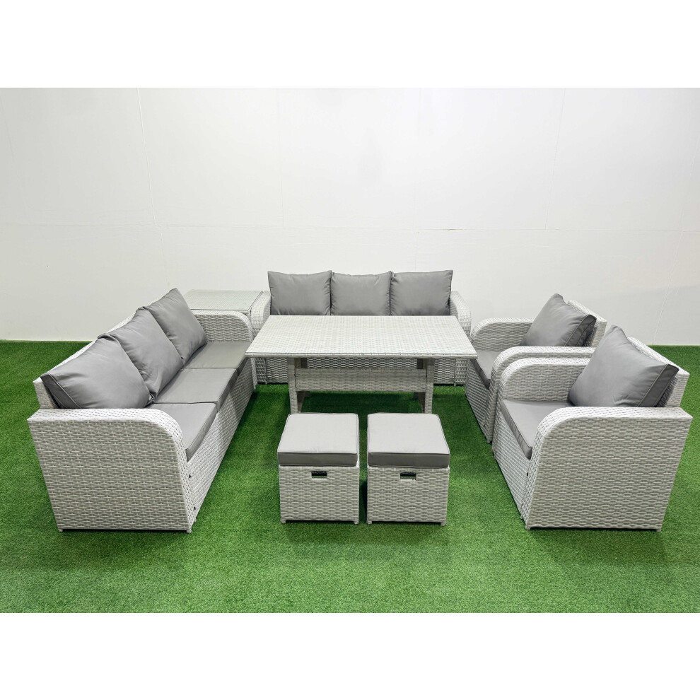 Fimous PE Rattan High Back Lounge Sofa Set Patio Rectangular Dining Table & Chairs Set with 3 Seater Sofa Stools Side Table Light Grey