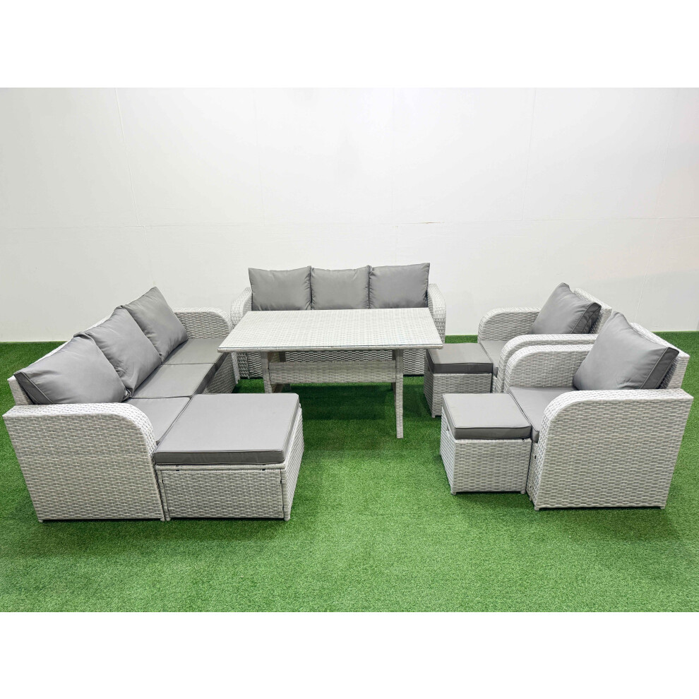 Fimous PE Rattan High Back Lounge Sofa Set Patio Rectangular Dining Table & Chairs Set with 3 Seater Sofa 3 Stools Light Grey