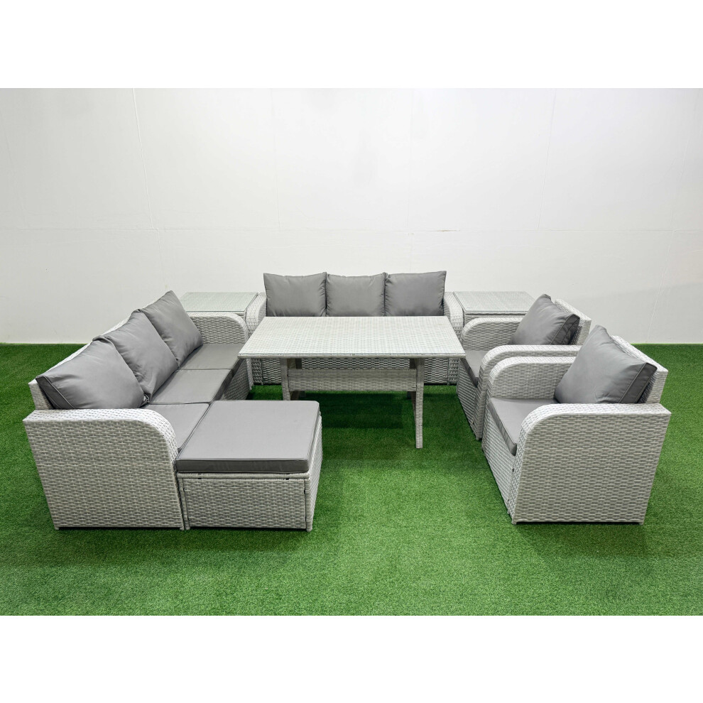 Fimous PE Rattan High Back Lounge Sofa Set Patio Rectangular Dining Table & Chairs Set with 3 Seater Sofa Big Footstool 2 Side Table Light Grey