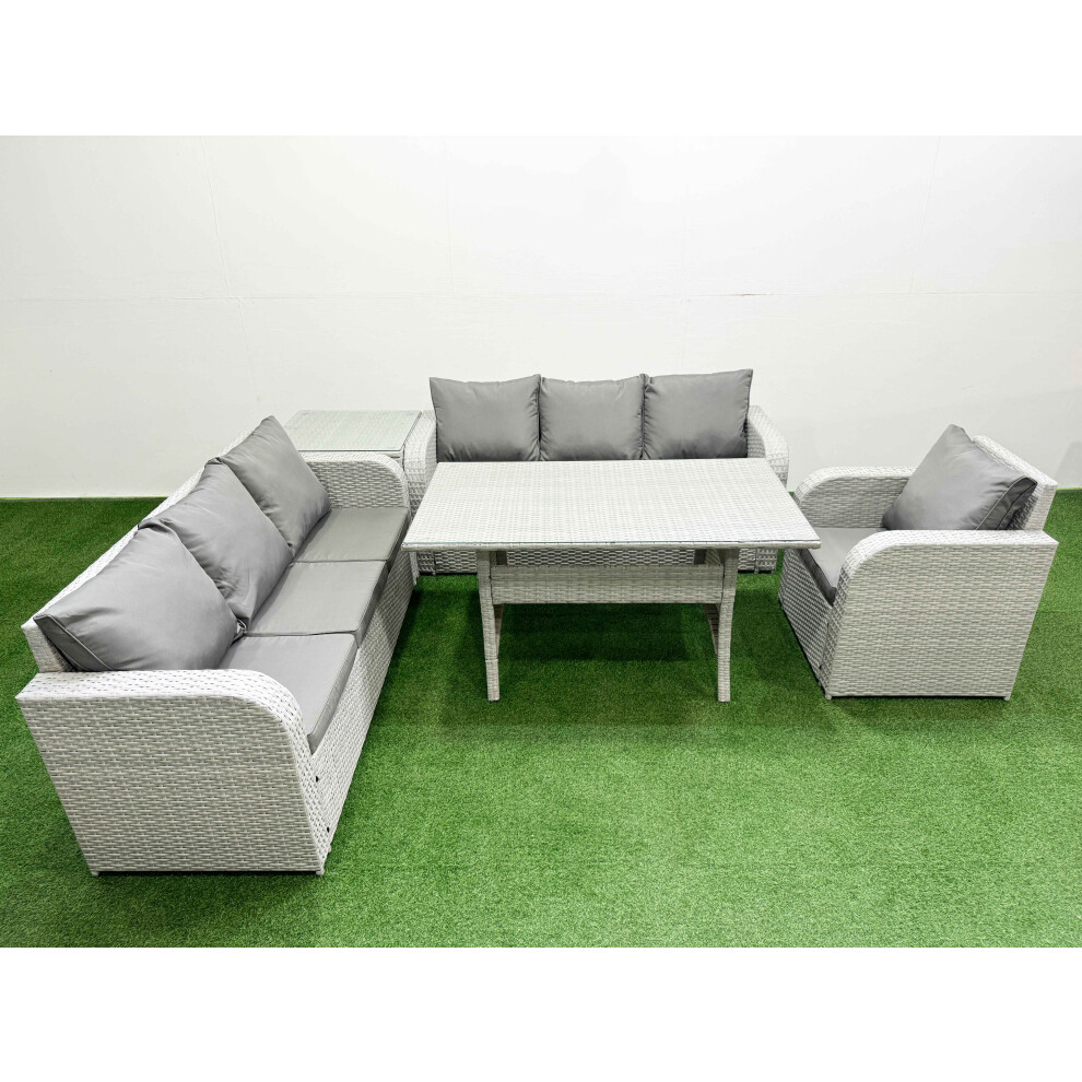 Fimous 7 Seater Poly Rattan Outdoor Garden Furniture Rectangular Dining Table Sofa Set 3 Seater Sofa Side Table Light Grey