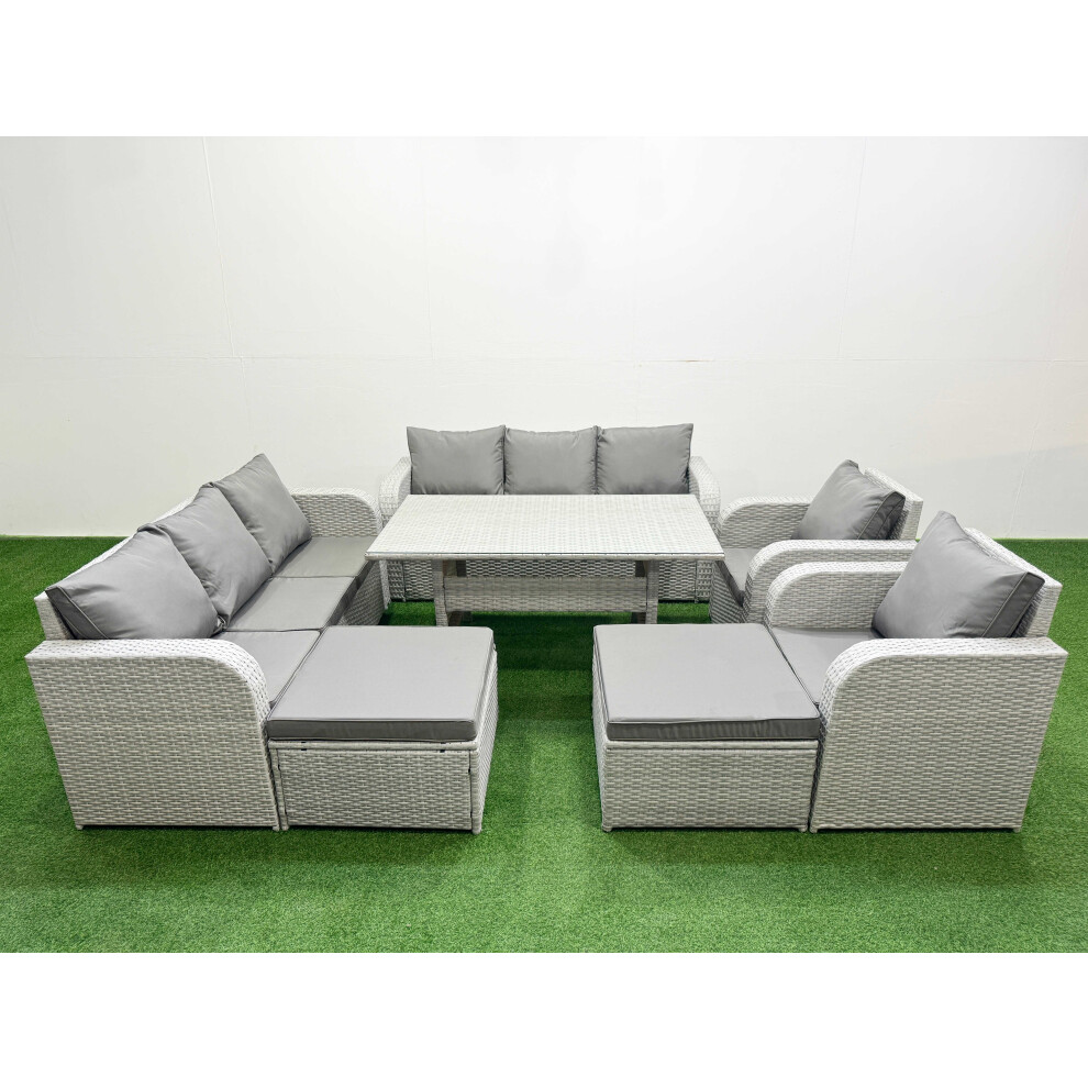 Fimous PE Rattan High Back Lounge Sofa Set Patio Rectangular Dining Table & Chairs Set with 3 Seater Sofa 2 Big Footstool Light Grey