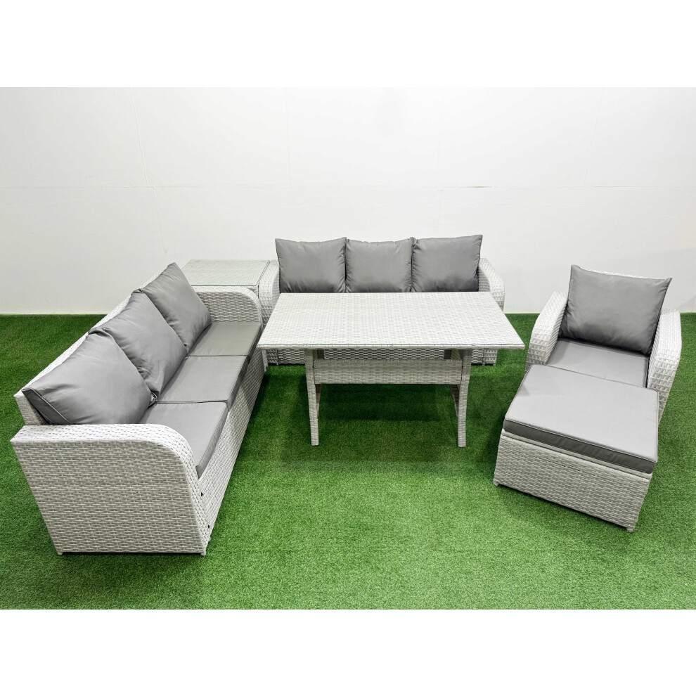 Fimous 8 Seater Poly Rattan Outdoor Garden Furniture Rectangular Dining Table Sofa Set 3 Seater Sofa Big Footstool Side Table Light Grey