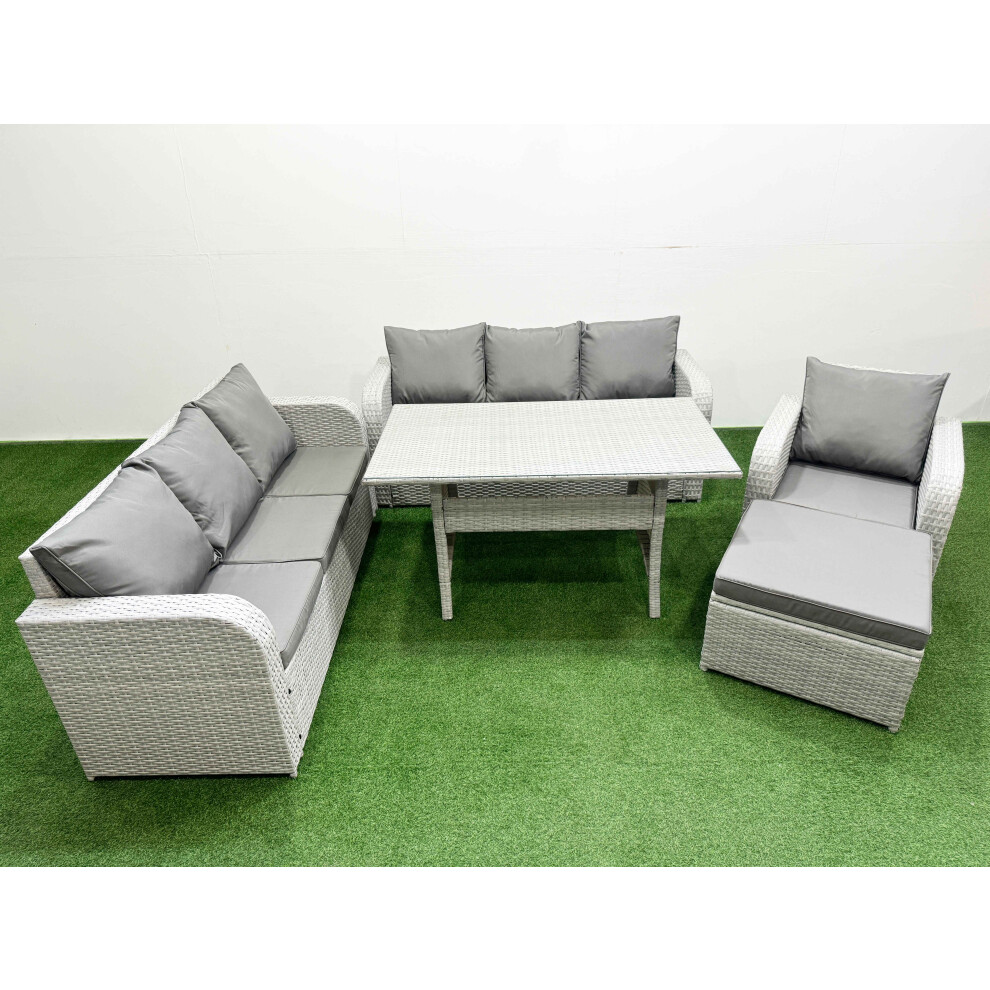 Fimous 8 Seater Poly Rattan Outdoor Garden Furniture Rectangular Dining Table Sofa Set 3 Seater Sofa Big Footstool Light Grey