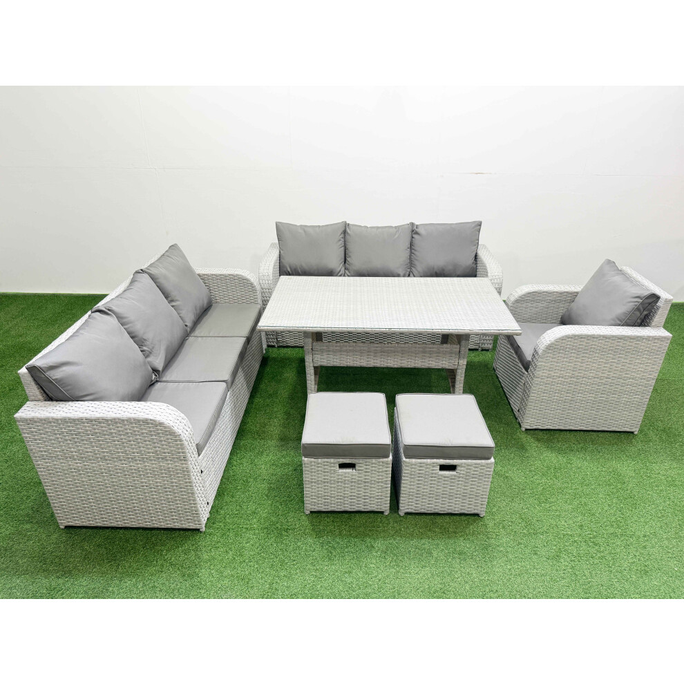 Fimous 9 Seater Poly Rattan Outdoor Garden Furniture Rectangular Dining Table Sofa Set 3 Seater Sofa Stools Light Grey