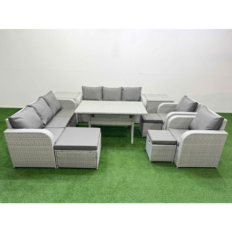 Fimous PE Rattan High Back Lounge Sofa Set Patio Rectangular Dining Table & Chairs Set with 3 Seater Sofa 3 Stools 2 Side Table Light Grey