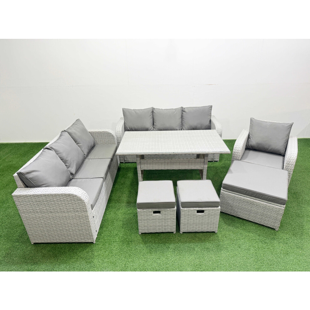 Fimous 10 Seater Poly Rattan Outdoor Garden Furniture Rectangular Dining Table Sofa Set 3 Seater Sofa 3 Stools Light Grey