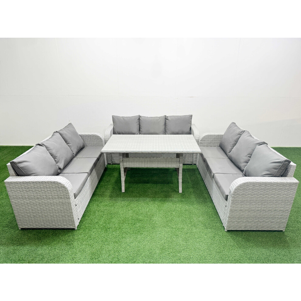 Fimous PE Rattan Lounge Sofa Set 9 Seater Outdoor Garden Furniture Set with Rectangular Dining Table 3 Seater Sofa Light Grey