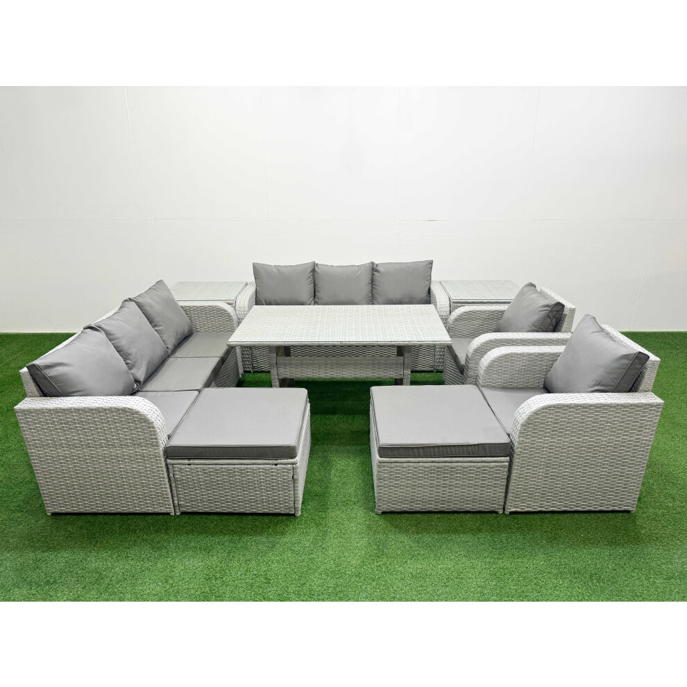 Fimous PE Rattan High Back Lounge Sofa Set Patio Rectangular Dining Table & Chairs Set with 3 Seater Sofa 2 Big Footstool 2 Side Table Light Grey