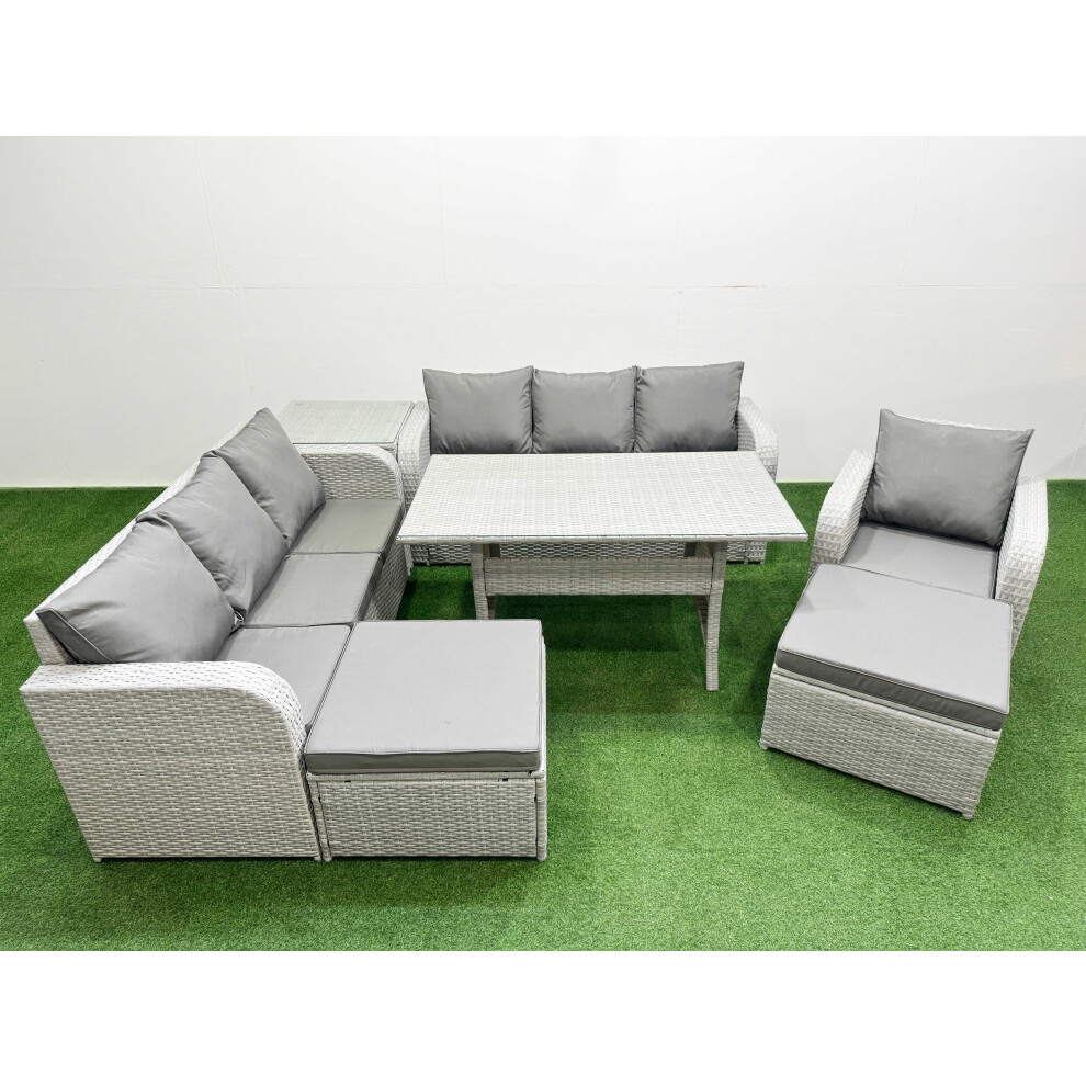 Fimous 9 Seater Poly Rattan Outdoor Garden Furniture Rectangular Dining Table Sofa Set 3 Seater Sofa 2 Big Footstools Side Table Light Grey