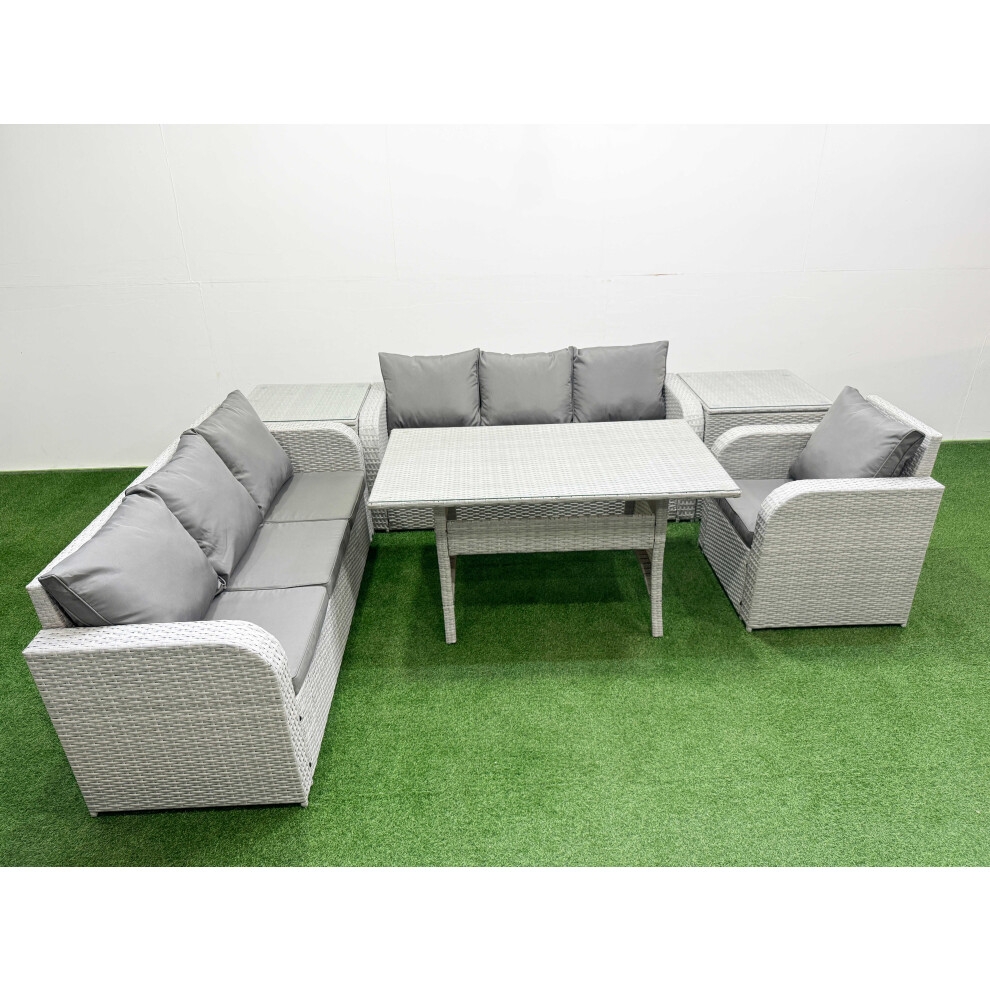 Fimous 7 Seater Poly Rattan Outdoor Garden Furniture Rectangular Dining Table Sofa Set 3 Seater Sofa 2 Side Table Light Grey