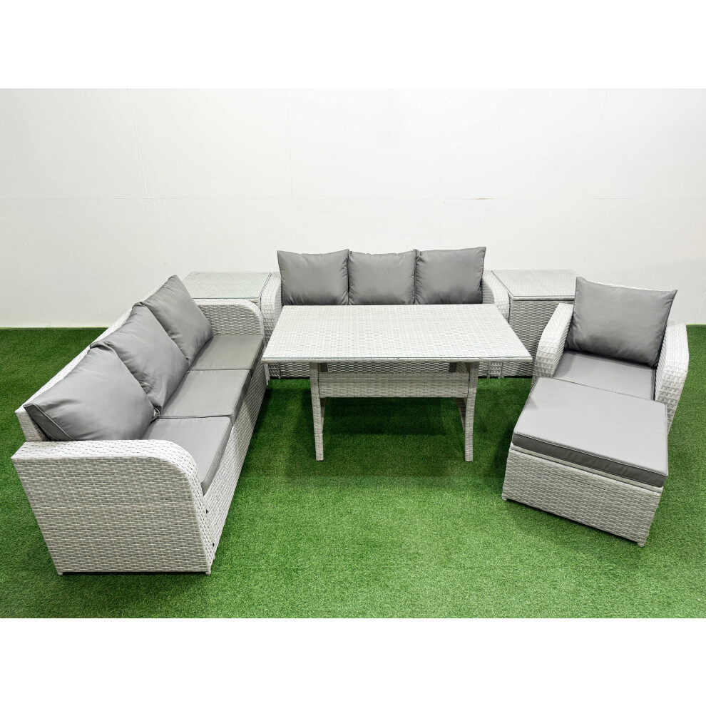 Fimous 8 Seater Poly Rattan Outdoor Garden Furniture Rectangular Dining Table Sofa Set 3 Seater Sofa Big Footstool 2 Side Table Light Grey