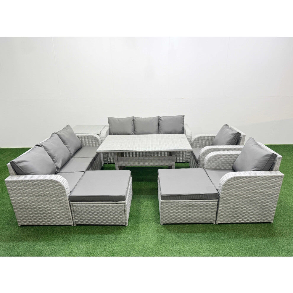 Fimous PE Rattan High Back Lounge Sofa Set Patio Rectangular Dining Table & Chairs Set with 3 Seater Sofa 2 Big Footstool Side Table Light Grey