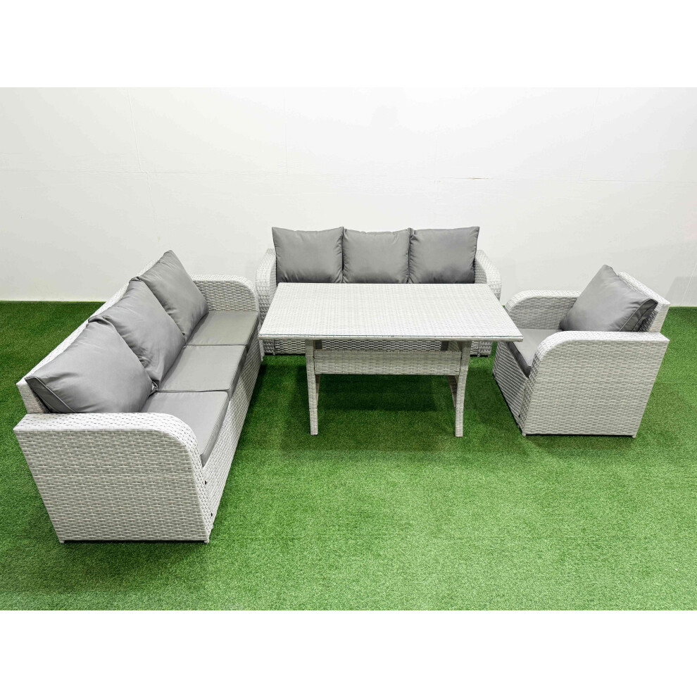 Fimous 7 Seater Poly Rattan Outdoor Garden Furniture Rectangular Dining Table Sofa Set 3 Seater Sofa Light Grey