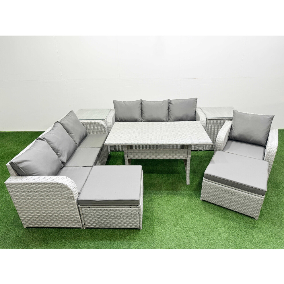 Fimous 9 Seater Poly Rattan Outdoor Garden Furniture Rectangular Dining Table Sofa Set 3 Seater Sofa 2 Big Footstools 2 Side Table Light Grey