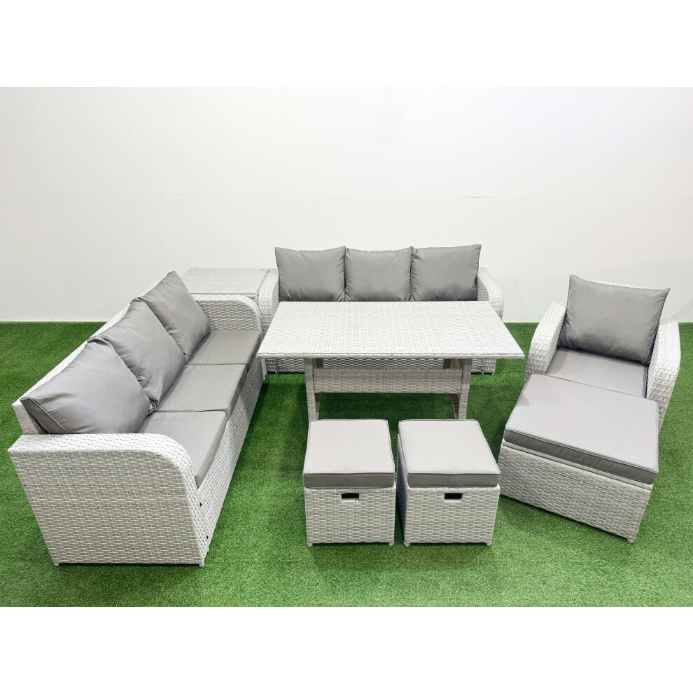 Fimous 10 Seater Poly Rattan Outdoor Garden Furniture Rectangular Dining Table Sofa Set 3 Seater Sofa 3 Stools Side Table Light Grey