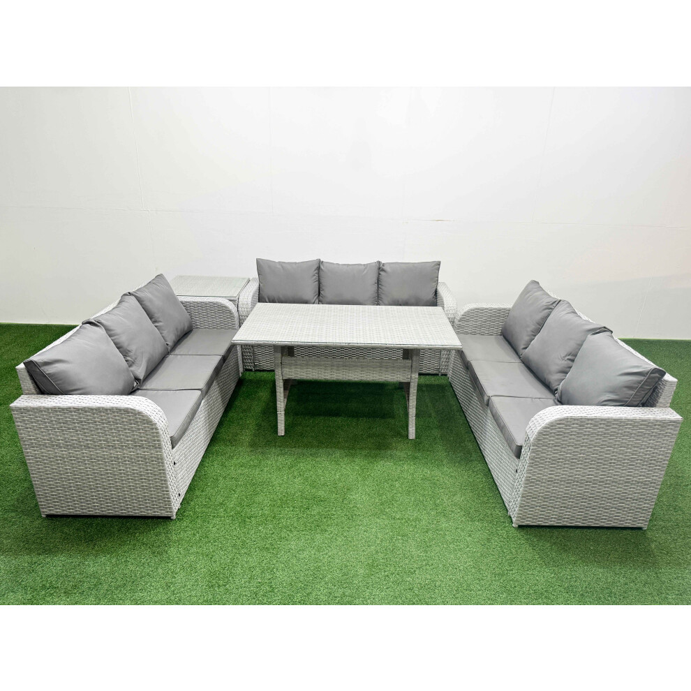 Fimous PE Rattan Lounge Sofa Set 9 Seater Outdoor Garden Furniture Set with Rectangular Dining Table Side Table Light Grey