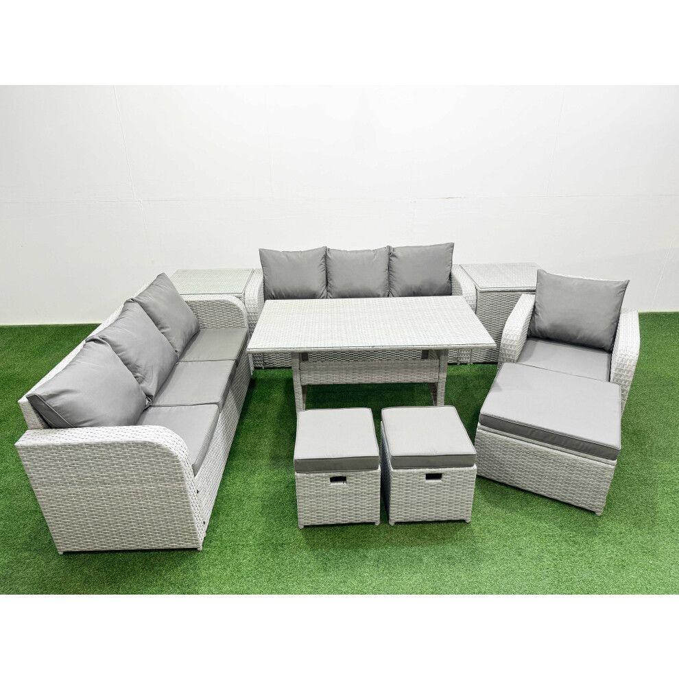 Fimous 10 Seater Poly Rattan Outdoor Garden Furniture Rectangular Dining Table Sofa Set 3 Seater Sofa 3 Stools 2 Side Table Light Grey