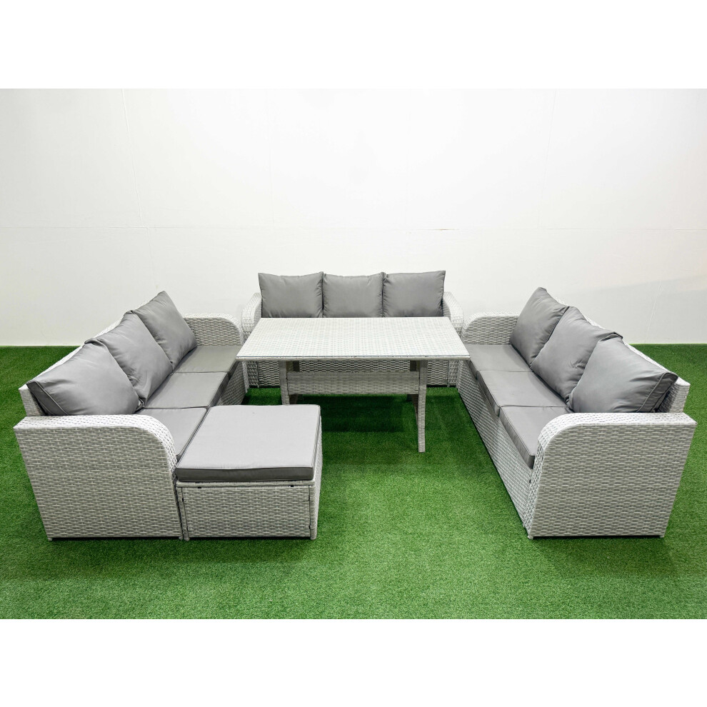 Fimous PE Rattan Lounge Sofa Set 10 Seater Outdoor Garden Furniture Set With Rectangular Dining Table Big Footstool Light Grey