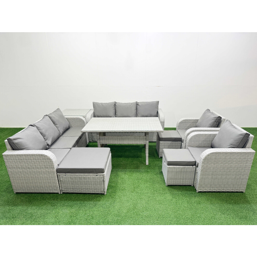 Fimous PE Rattan High Back Lounge Sofa Set Patio Rectangular Dining Table & Chairs Set with 3 Seater Sofa 3 Stools Side Table Light Grey