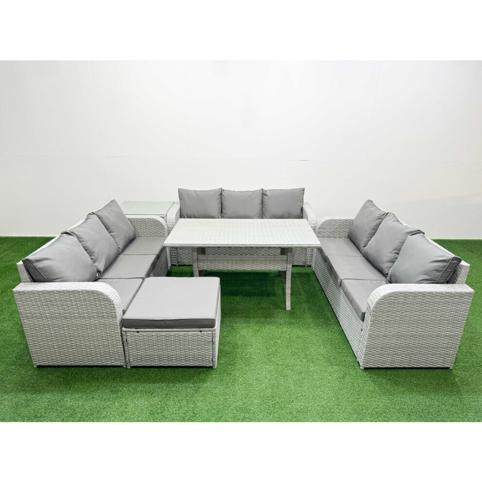 Fimous PE Rattan Lounge Sofa Set 10 Seater Outdoor Garden Furniture Set with Rectangular Dining Table Big Footstool Side Table Light Grey