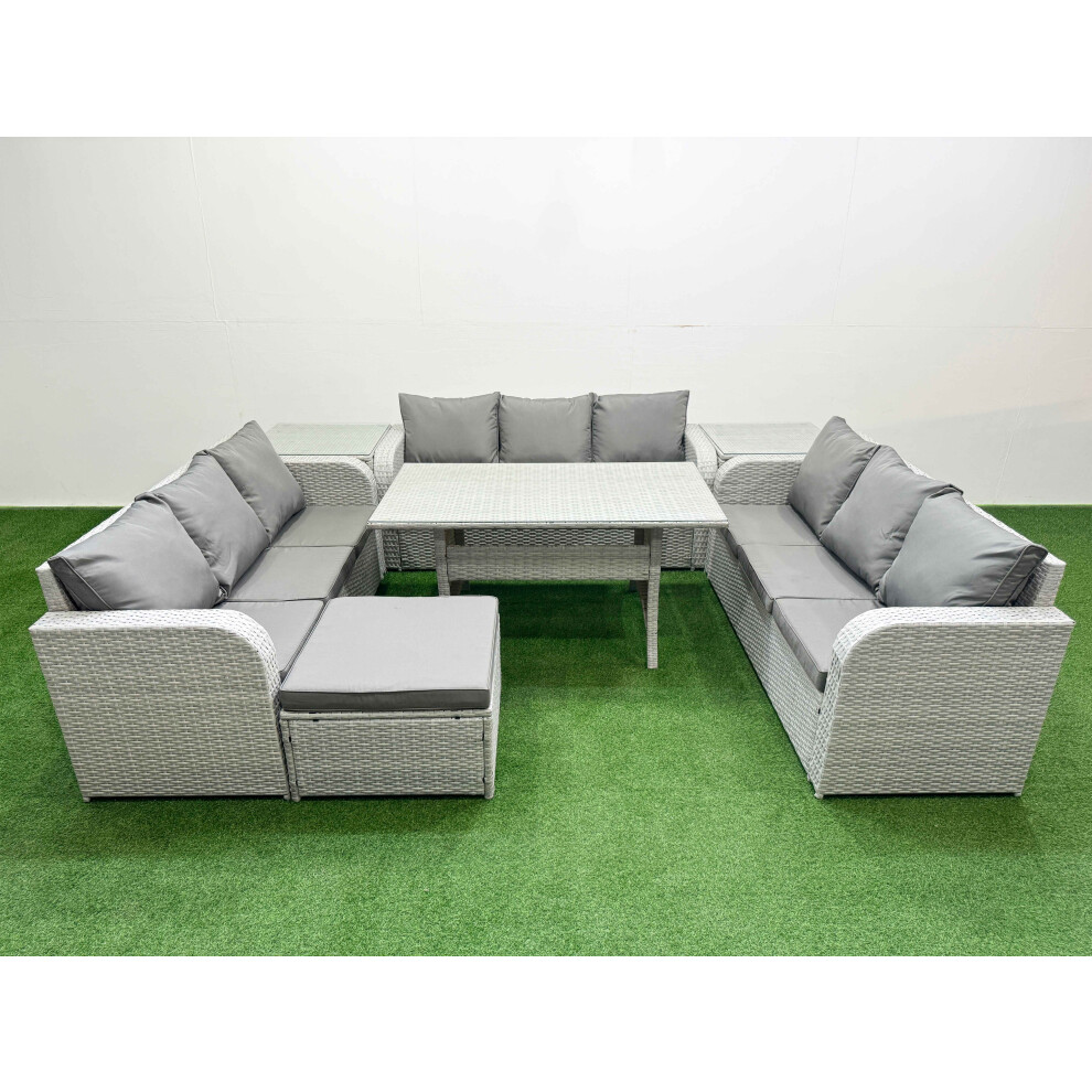 Fimous PE Rattan Lounge Sofa Set 10 Seater Outdoor Garden Furniture Set with Rectangular Dining Table Big Footstool 2 Side Table Light Grey