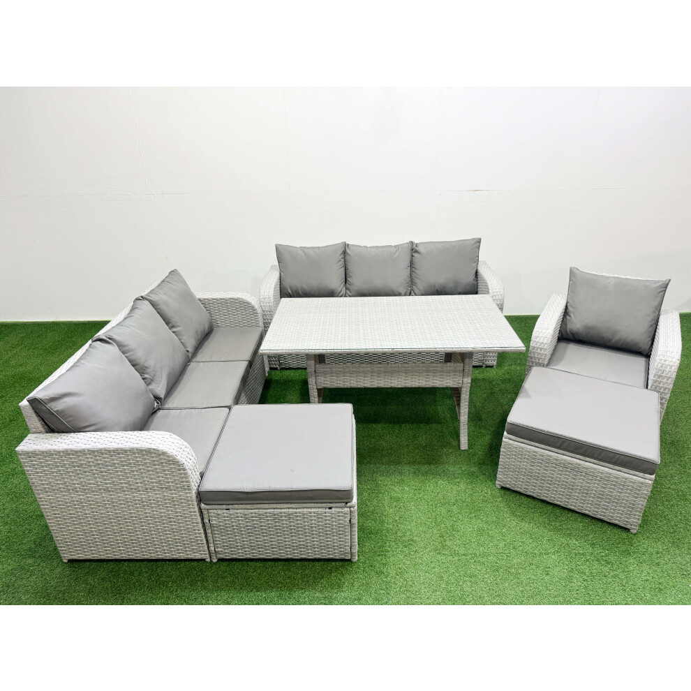 Fimous 9 Seater Poly Rattan Outdoor Garden Furniture Rectangular Dining Table Sofa Set 3 Seater Sofa 2 Big Footstools Light Grey