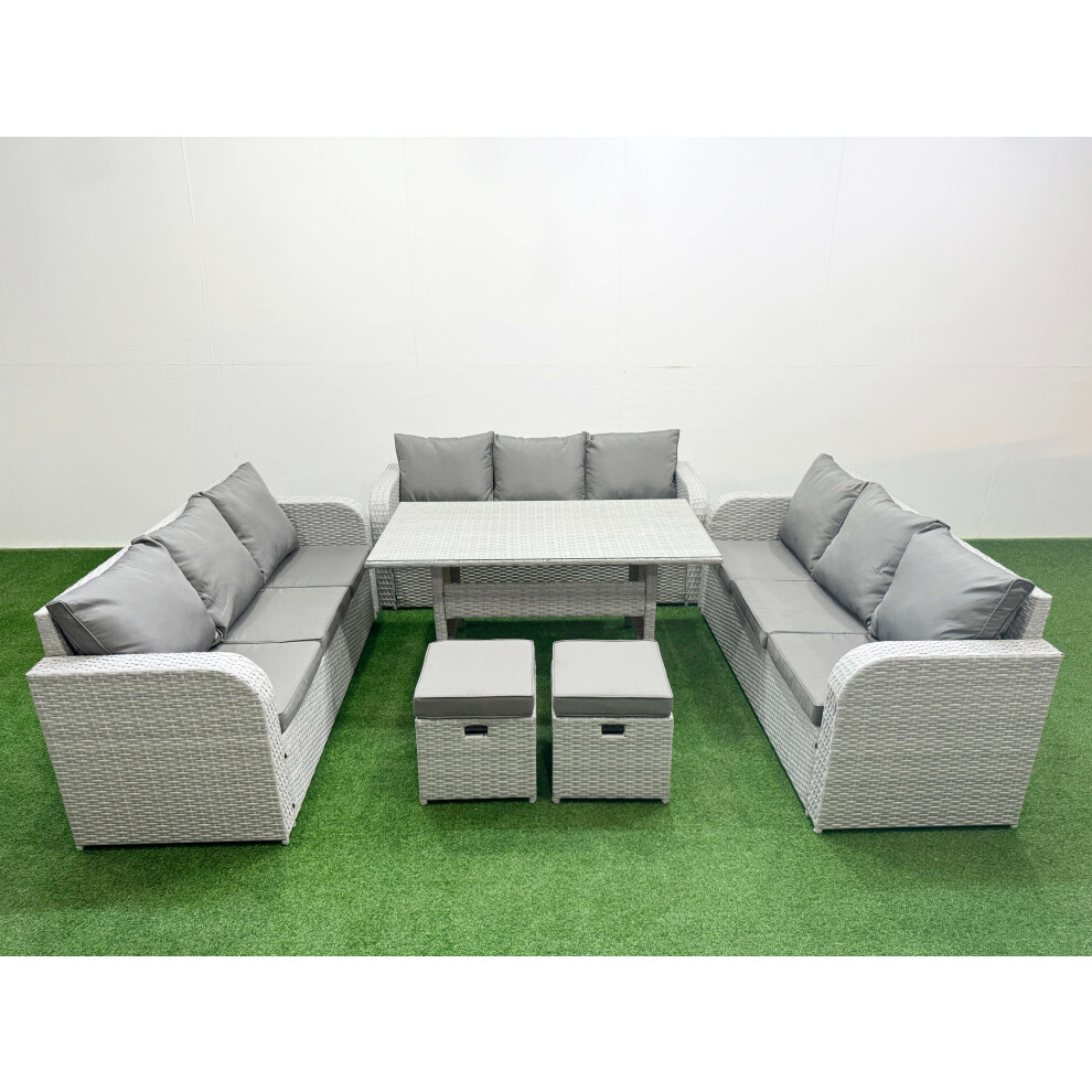 Fimous PE Rattan Lounge Sofa Set 11 Seater Outdoor Garden Furniture Set with Rectangular Dining Table 2 Stools Light Grey