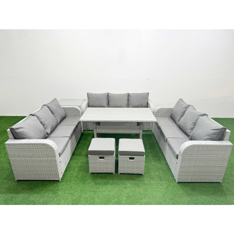 Fimous PE Rattan Lounge Sofa Set 11 Seater Outdoor Garden Furniture Set with Rectangular Dining Table 2 Stools Side Table Light Grey