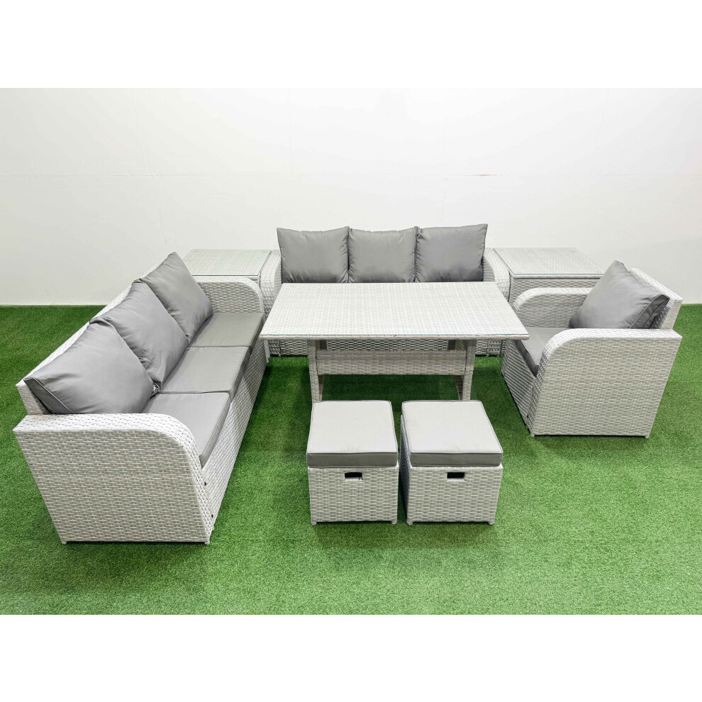 Fimous 9 Seater Poly Rattan Outdoor Garden Furniture Rectangular Dining Table Sofa Set 3 Seater Sofa Stools 2 Side Table Light Grey