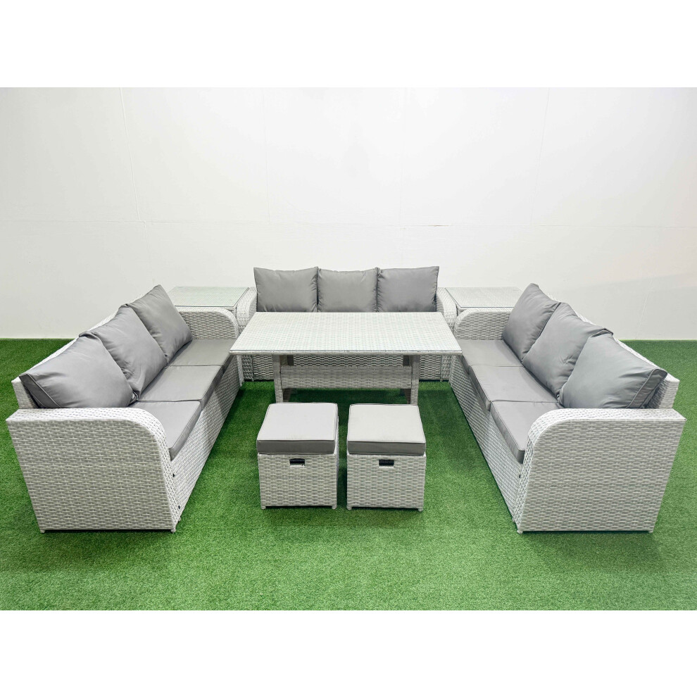 Fimous PE Rattan Lounge Sofa Set 11 Seater Outdoor Garden Furniture Set with Rectangular Dining Table 2 Stools 2 Side Table Light Grey