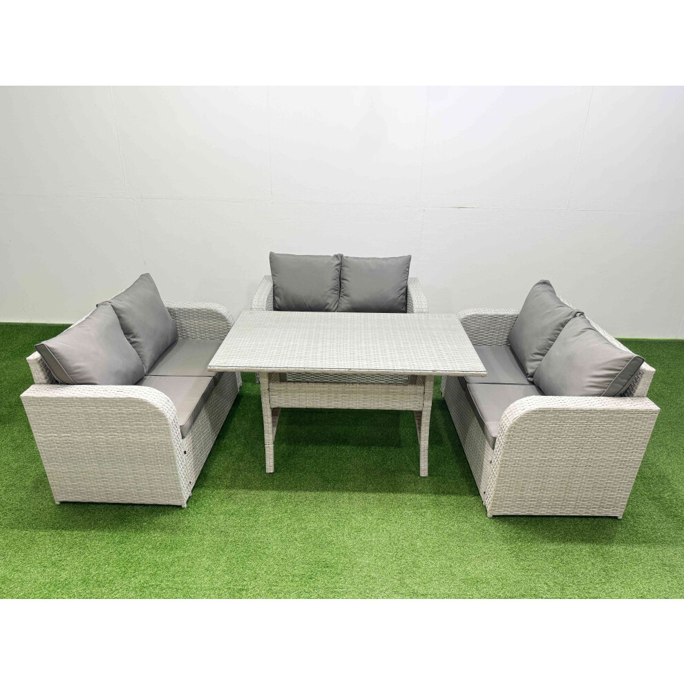 Fimous  6 Seater PE Wicker Rattan Furniture Sofa Sets with Rectangular Dining Table 2 Seater Love Sofa Light Grey