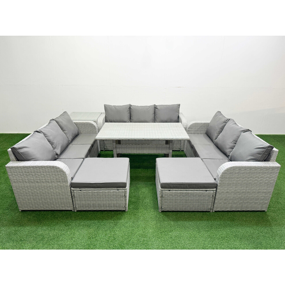 Fimous PE Rattan Lounge Sofa Set 11 Seater Outdoor Garden Furniture Set with Rectangular Dining Table 2 Big Footstools Side Table Light Grey