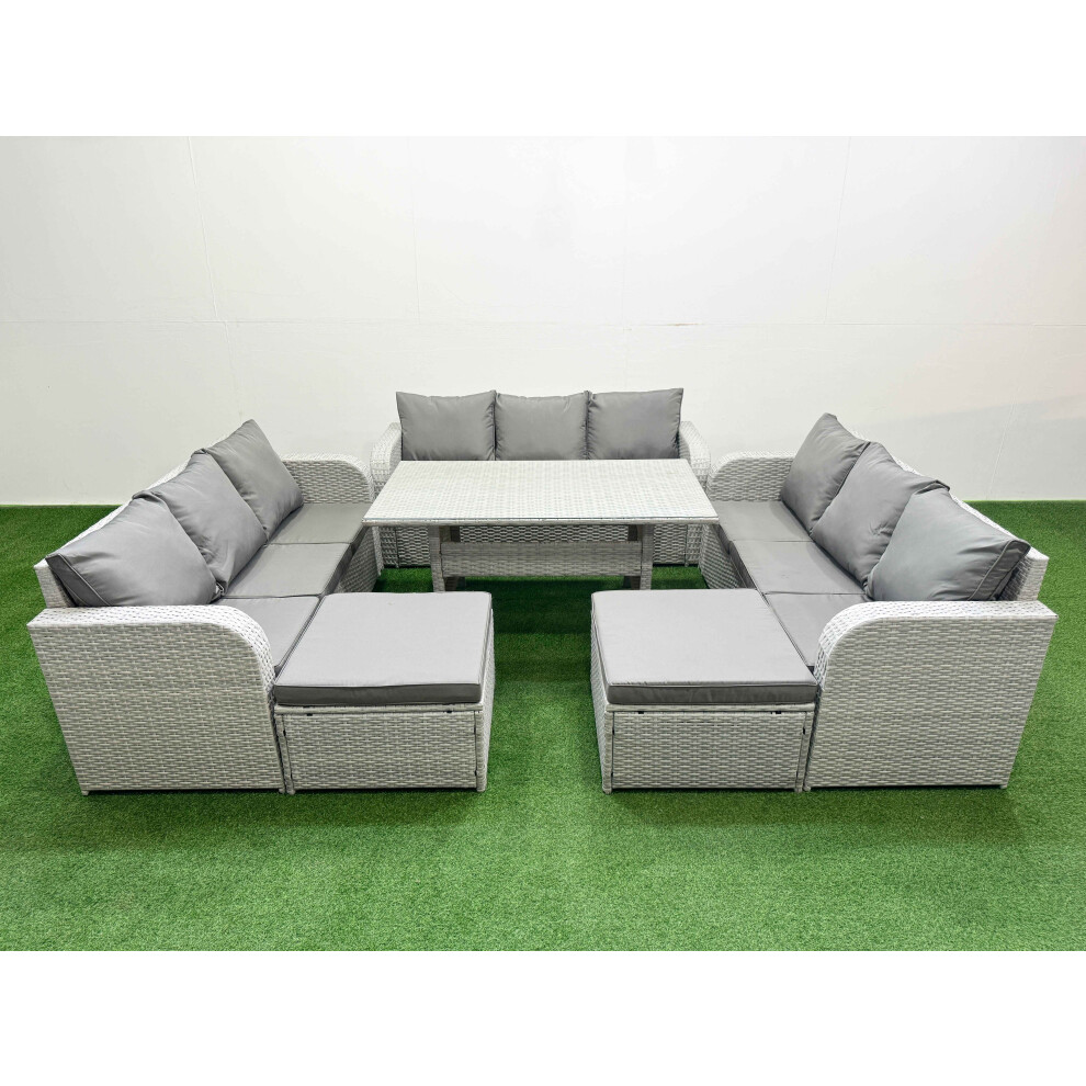 Fimous PE Rattan Lounge Sofa Set 11 Seater Outdoor Garden Furniture Set with Rectangular Dining Table 2 Big Footstools Light Grey