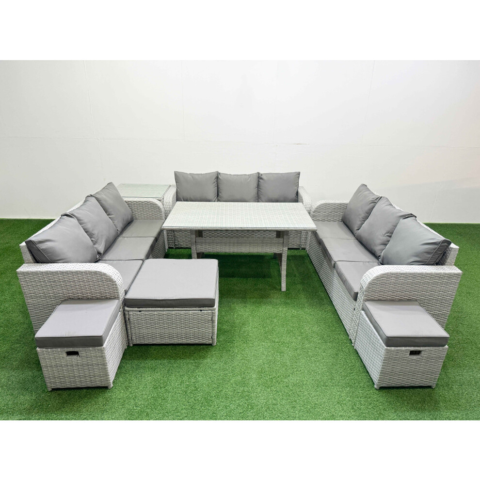 Fimous PE Rattan Lounge Sofa Set 12 Seater Outdoor Garden Furniture Set with Rectangular Dining Table 3 Stools Side Table Light Grey