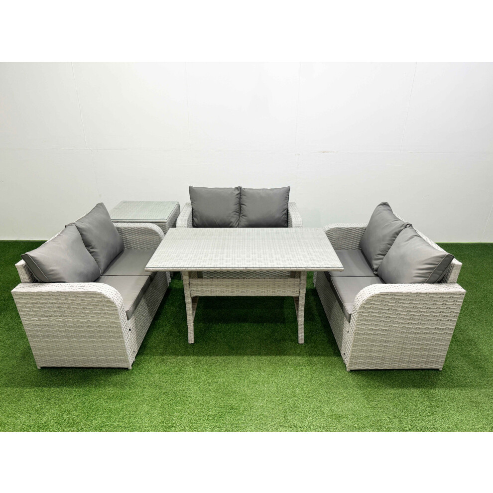 Fimous  6 Seater PE Wicker Rattan Furniture Sofa Sets with Rectangular Dining Table 2 Seater Love Sofa Side Table Light Grey