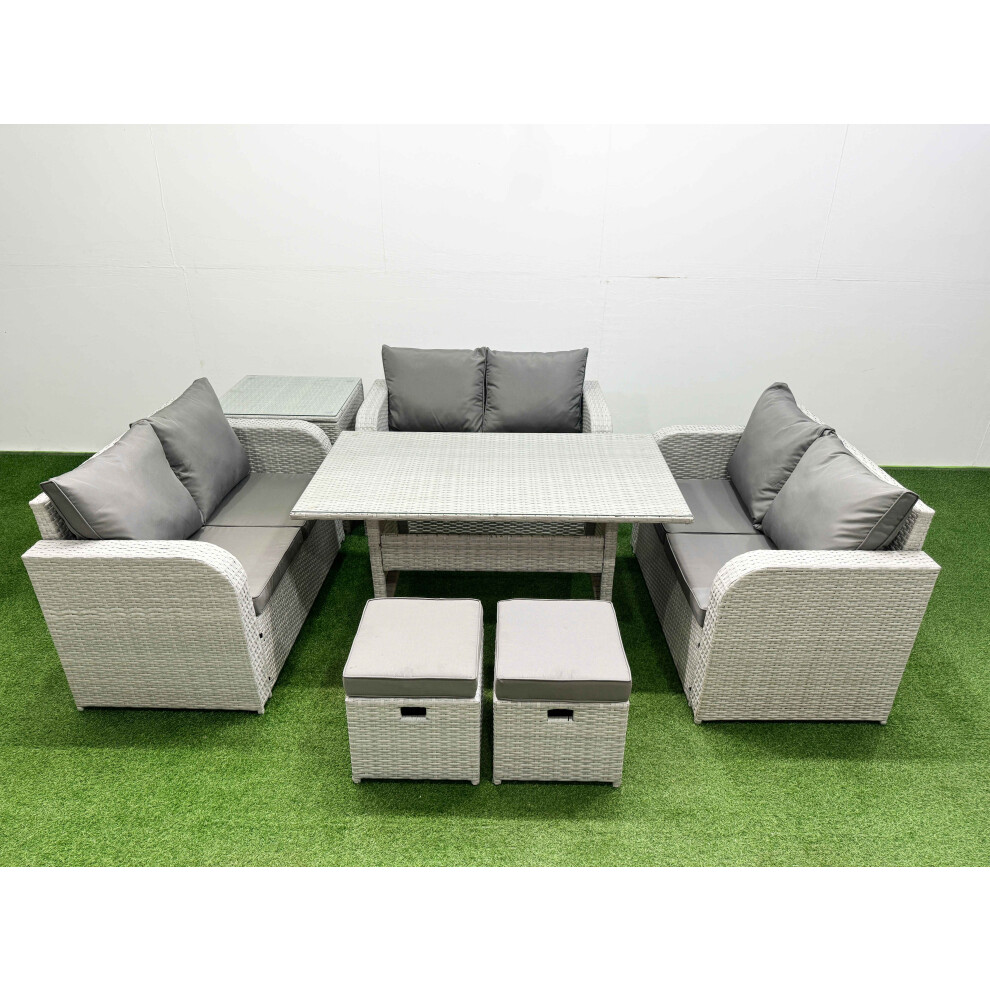 Fimous  8 Seater PE Wicker Rattan Furniture Sofa Sets with Rectangular Dining Table 2 Seater Love Sofa 2 Stool Side Table Light Grey