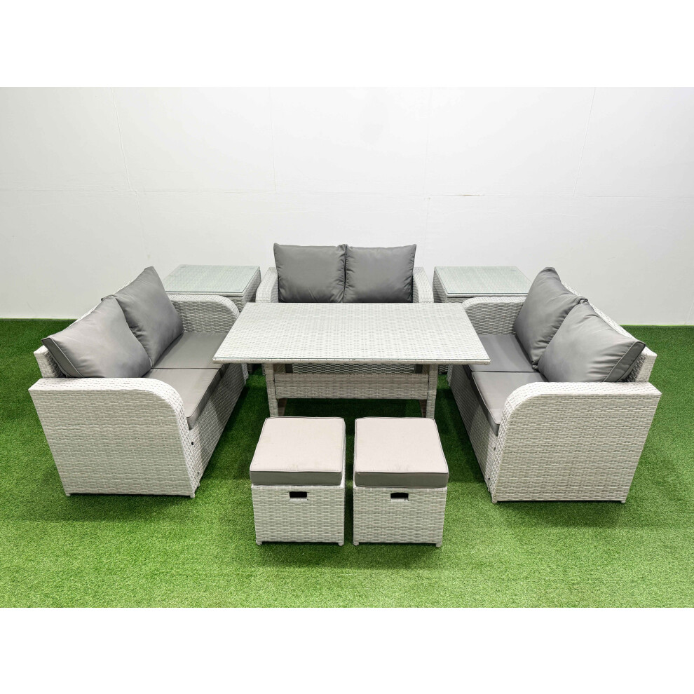 Fimous  8 Seater PE Wicker Rattan Furniture Sofa Sets with Rectangular Dining Table 2 Seater Love Sofa 2 Stool 2 Side Table Light Grey