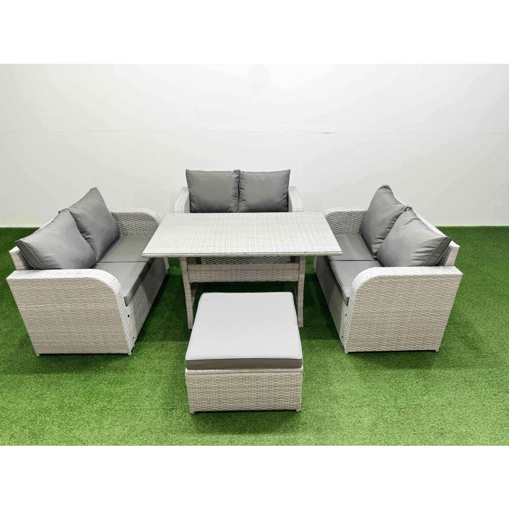 Fimous  7 Seater PE Wicker Rattan Furniture Sofa Sets with Rectangular Dining Table 2 Seater Love Sofa Big Footstool Light Grey